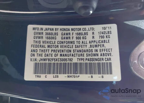 2012 Honda Civic Lx from USA, damaged, VIN JHMFB2F5XCS005782